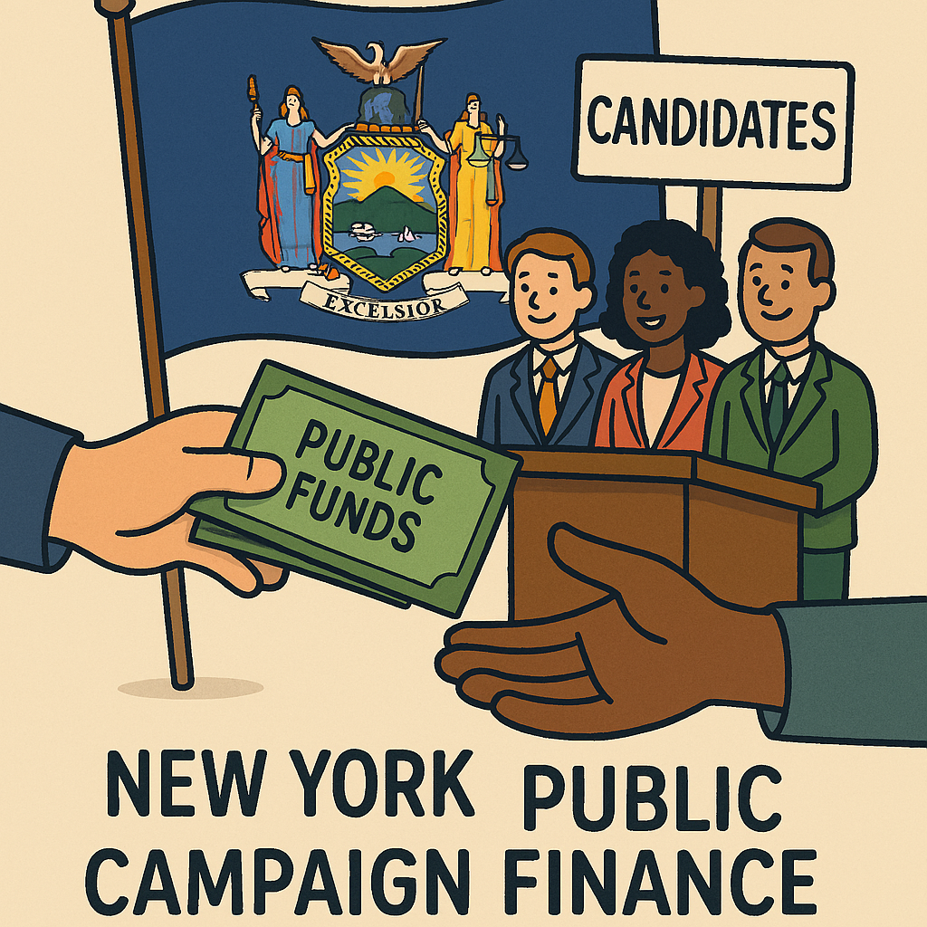 Cartoon-style illustration depicting the positive side of New York public campaign finance. The New York State flag is centered in the background, featuring its official coat of arms. In the foreground, two cartoon hands exchange green banknotes labeled “Public Funds.” One hand gives the money, while the other receives it near a sign labeled “Candidates.” Behind the podium stand three smiling, diverse cartoon candidates—two men and one woman—symbolizing fair and transparent public support. The bottom of the image reads “New York Public Campaign Finance” in bold letters.